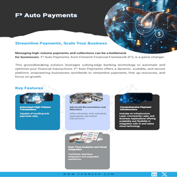 This groundbreaking solution leverages cutting-edge banking technology to automate and optimise your financial transactions. F³ Auto Payments offers a dynamic, scalable, and secure platform, empowering businesses worldwide to streamline payments, free up resources, and focus on growth.