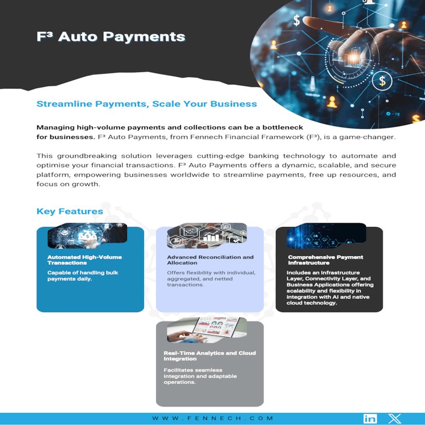 This groundbreaking solution leverages cutting-edge banking technology to automate and optimise your financial transactions. F³ Auto Payments offers a dynamic, scalable, and secure platform, empowering businesses worldwide to streamline payments, free up resources, and focus on growth.