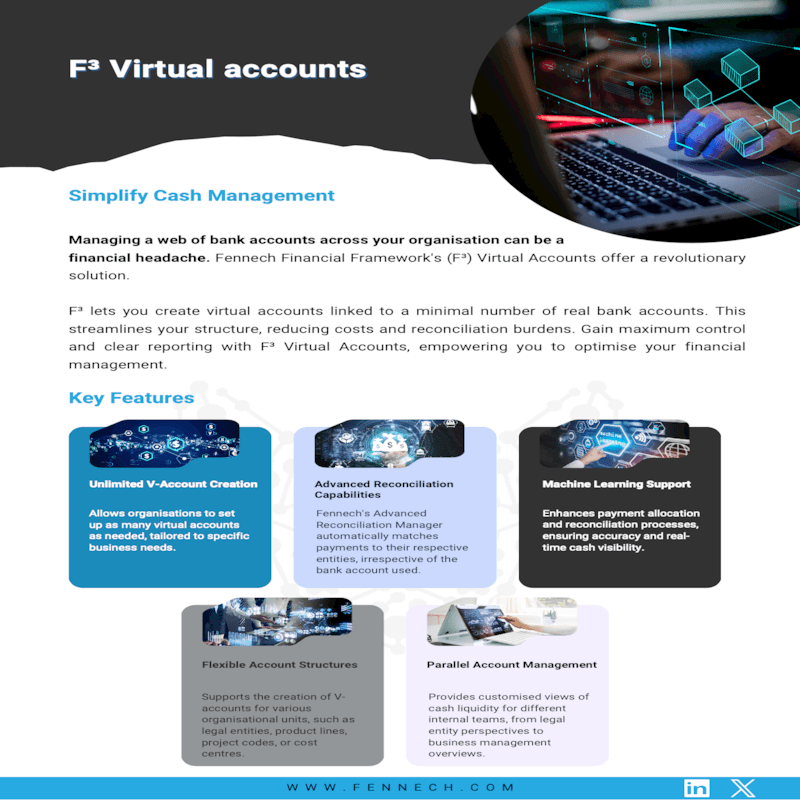 Create virtual accounts linked to a minimal number of real bank accounts. This streamlines your structure, reducing costs and reconciliation burdens. Gain maximum control and clear reporting with Fennech's Virtual Accounts, empowering you to optimise your financial management.