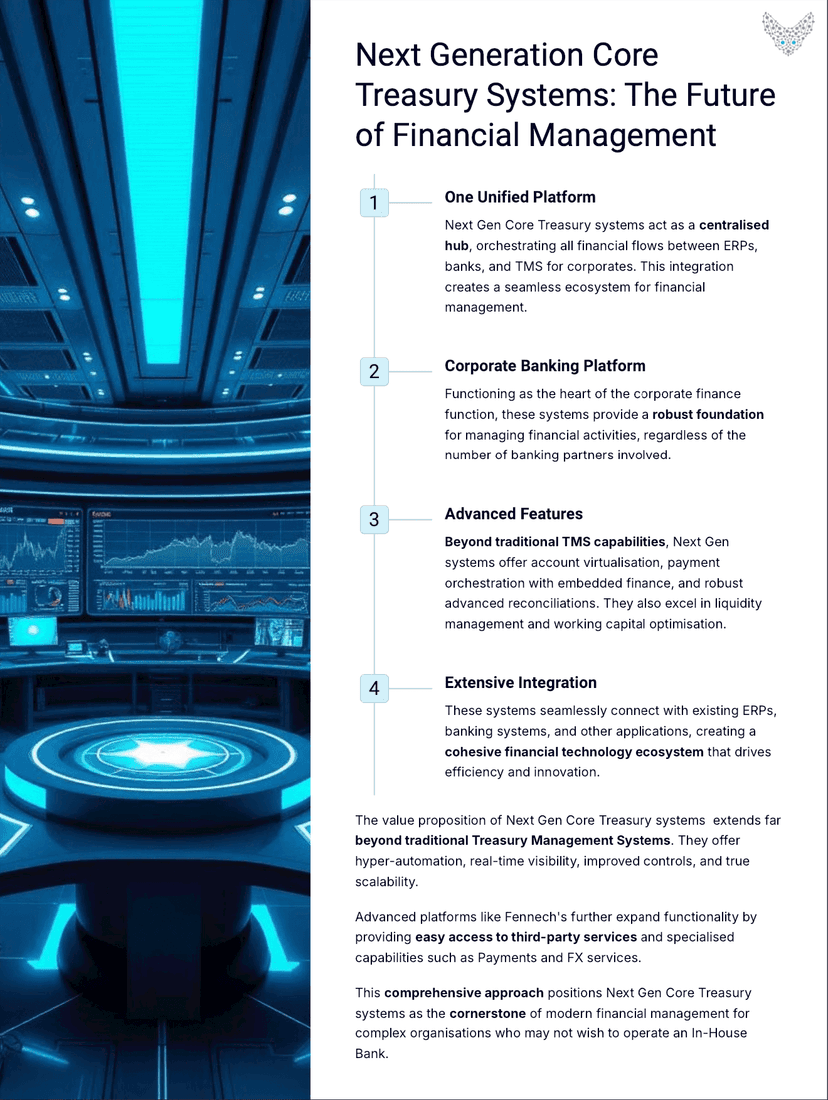 The value proposition of Next Gen Core Treasurv svstems extends far beyond traditional Treasury Management Systems. They offer hyper-automation. real-time visIoiltv. improved controls. and true scalability.