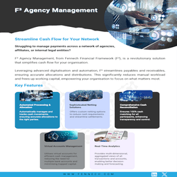 posts by F³ Agency Management, from Fennech Financial Framework (F³), is a revolutionary solution that simplifies cash flow for your organisation. Leveraging advanced digitalisation and automation, F streamlines payables and receivables, ensuring accurate allocations and distributions. This significantly reduces manual workload and frees up working capital, empowering your organisation to focus on what matters most.
