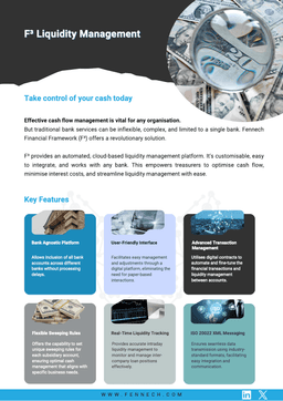 posts by F³ provides an automated, cloud-based liquidity management platform. Its customisable, easy to integrate, and works with any bank. This empowers treasurers to optimise cash flow, minimise interest costs, and streamline liquidity management with ease.